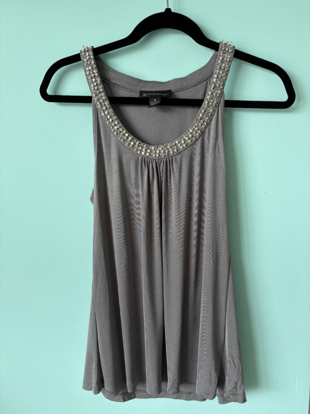 INC embellished jeweled collared halter top size small pewter grey